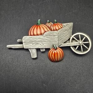 JJ Pumpkin in Wagon Brooch Orange Enamel Silver Tone Vintage Fall Autumn Jewelry